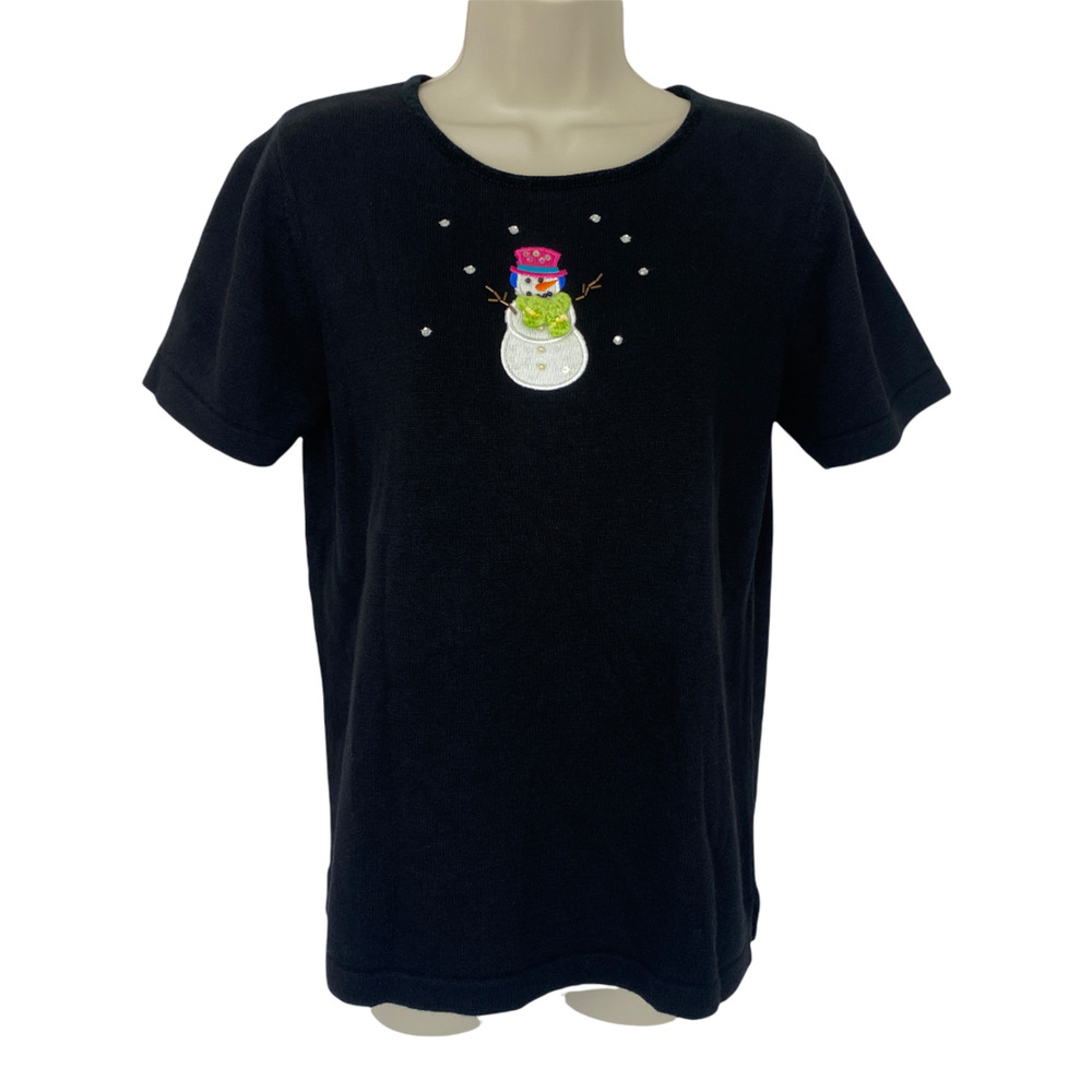 Quacker Factory Sweater Womens XS Snowman Winter Black X-Small Christmas Holiday